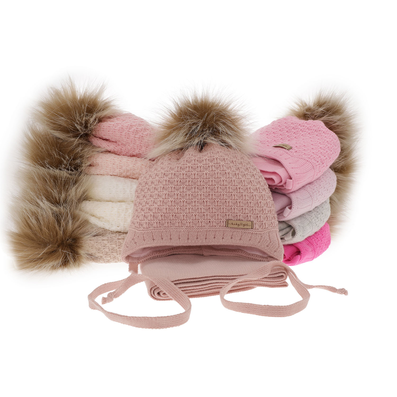 Set invernale bambina: berretto e sciarpa, beige, con pompon, Clotilde