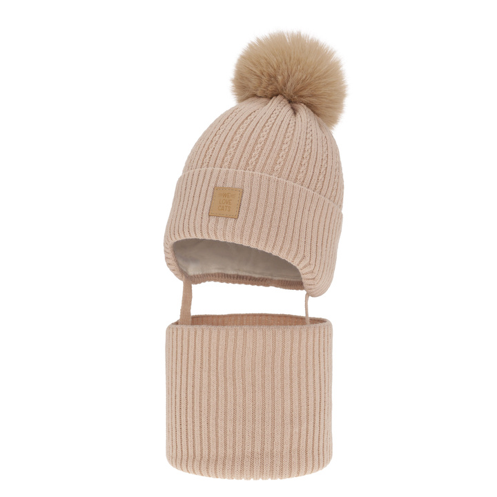 Set invernale bambina: berretto e scaldacollo, beige, con pompon, Betty