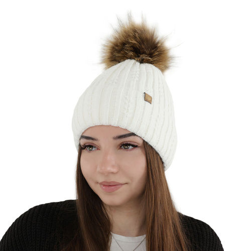 Berretto invernale donna, crema, con pompon, Savona