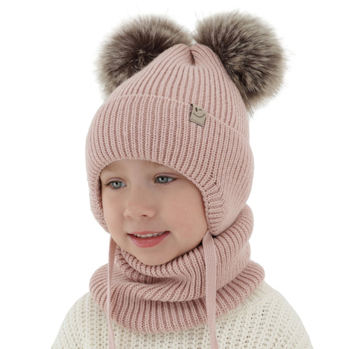 Set invernale bambina: berretto e scaldacollo, rosa, con due pon pon, con lacci, Zori