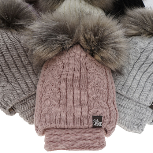 Set invernale bambina: berretto e scaldacollo, rosa, con due pon pon, con lacci, Marlen