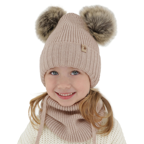 Set invernale bambina: berretto e scaldacollo, beige, 100% Lana Merino, con lacci, con due pon pon, Silvia
