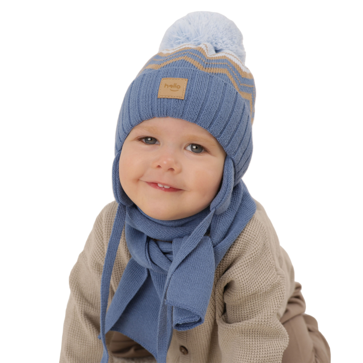 Set invernale bambino: berretto e sciarpa, blu navy, con lacci, con pompon, Marcus