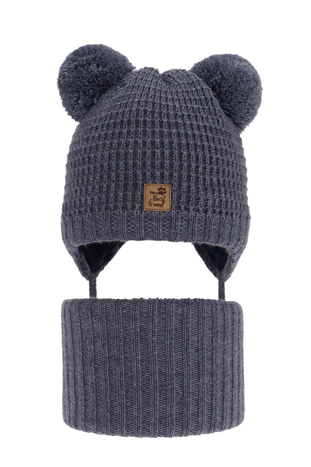 Set invernale bambino: berretto e scaldacollo, blu, con due pon pon, con lacci, Krispi