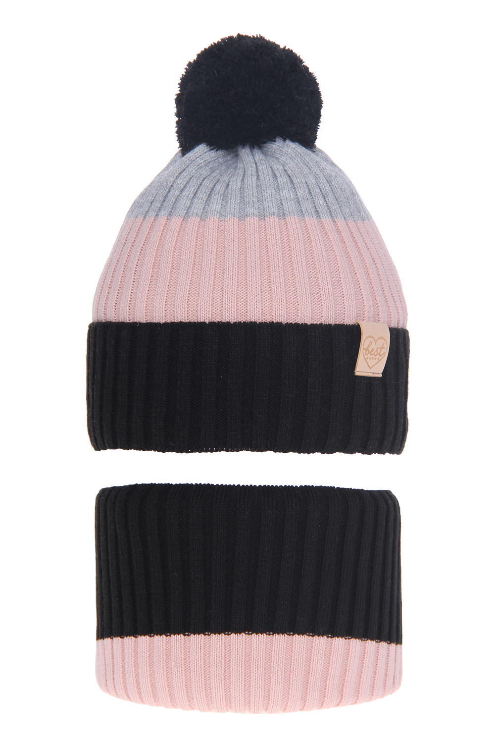 Set invernale bambina: berretto e scaldacollo, nero, con pompon, Indiana