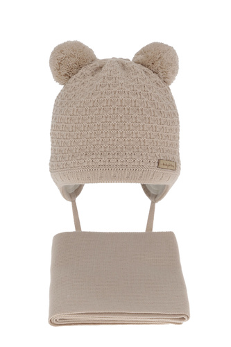 Set invernale bambino: berretto e sciarpa, beige, con due pon pon, Franki