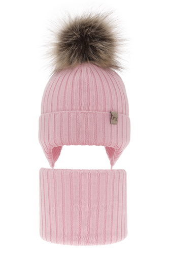 Set invernale bambina: berretto e scaldacollo, rosa, 100% Lana Merino, con lacci, Junika