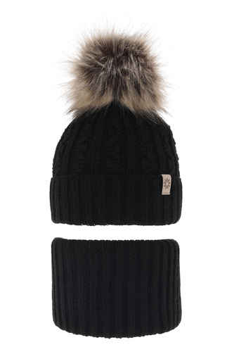 Set invernale bambina: berretto e scaldacollo, nero, con pompon, Pretoria