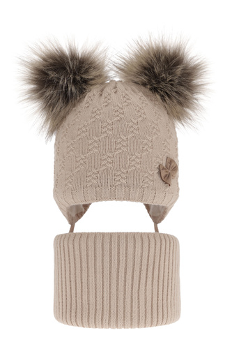 Set invernale bambina: berretto e scaldacollo, beige, con due pon pon, con lacci, Bettina