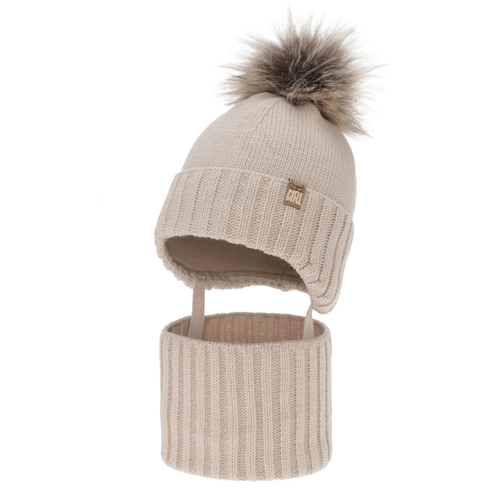 Set invernale bambina (berretto e scaldacollo), beige, con pompon, Primula
