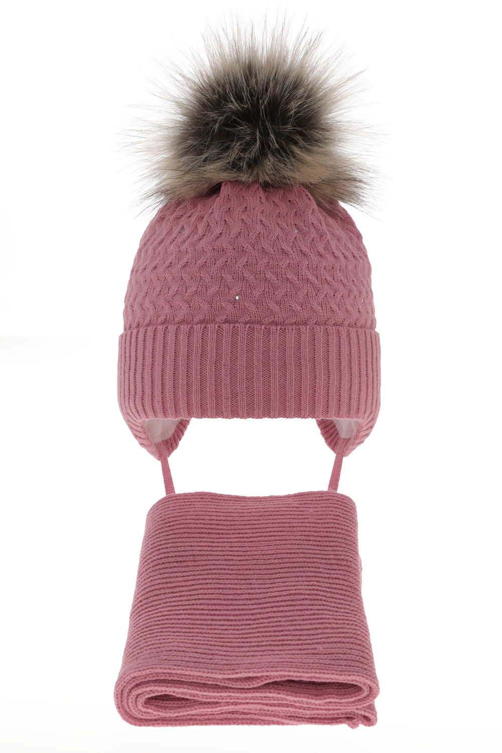 Set invernale bambina: berretto e sciarpa, rosa, con pompon, Zelta