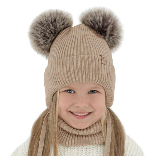 Set invernale bambina: berretto e scaldacollo, bianco, con due pon pon, con lacci, Zori