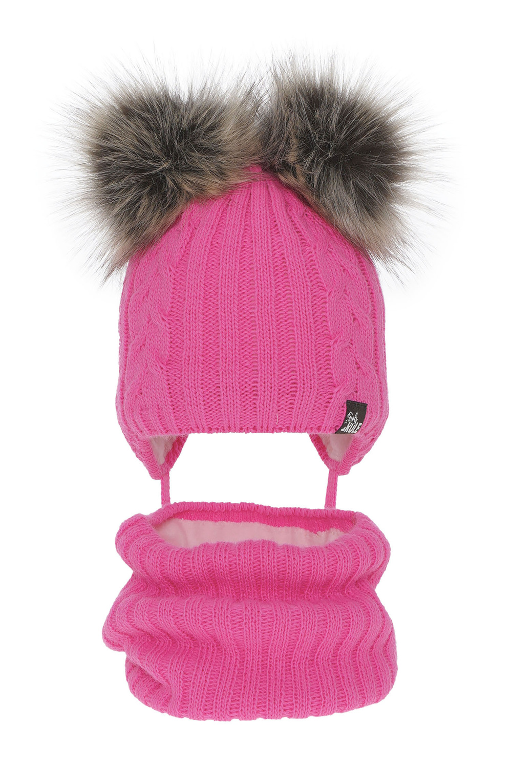 Set invernale bambina: berretto e scaldacollo, rosa, con due pon pon, con lacci, Marlen