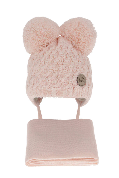 Set invernale bambina: berretto e sciarpa, rosa chiaro, con due pon pon, con lacci, Anava