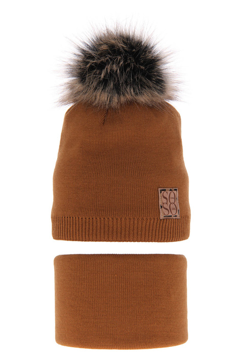 Set invernale bambina: berretto e scaldacollo, camel, con pompon, Apolinka