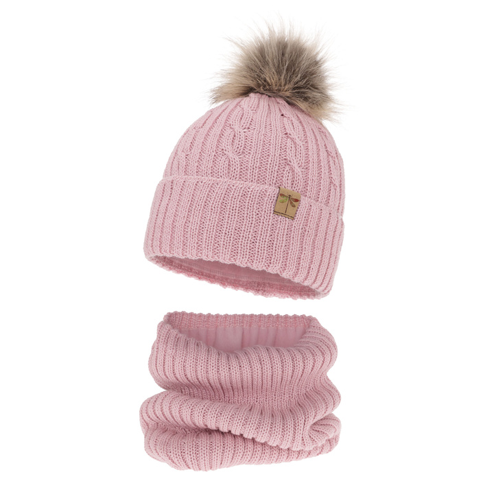 Set invernale bambina: berretto e scaldacollo, rosa, con pompon, Aprilia