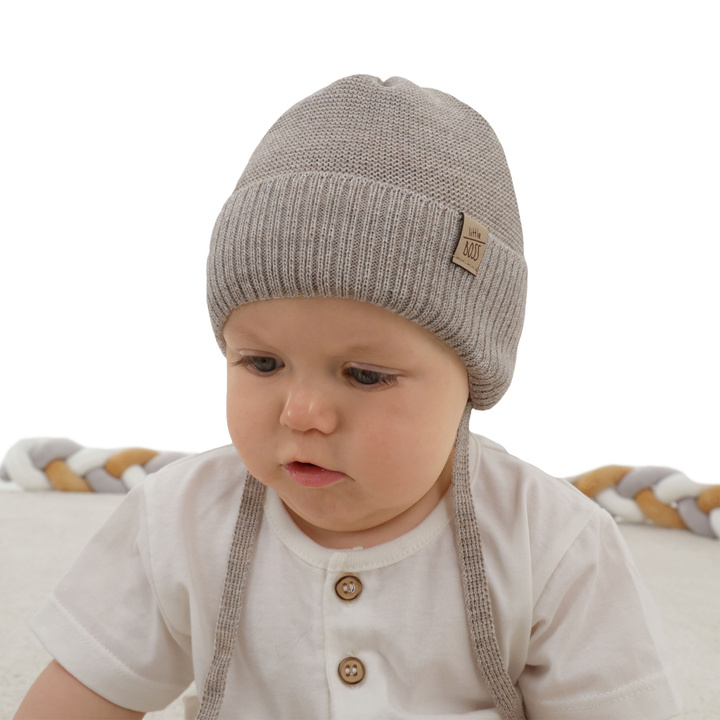 Berretto invernale bambino, beige, 100% Lana Merino, con lacci, Darsi