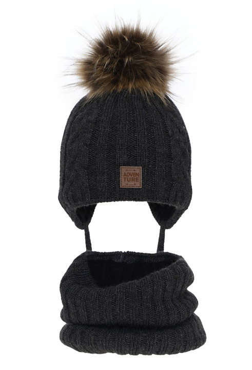 Set invernale bambino: berretto e scaldacollo, grigio scuro, con pompon, Casper