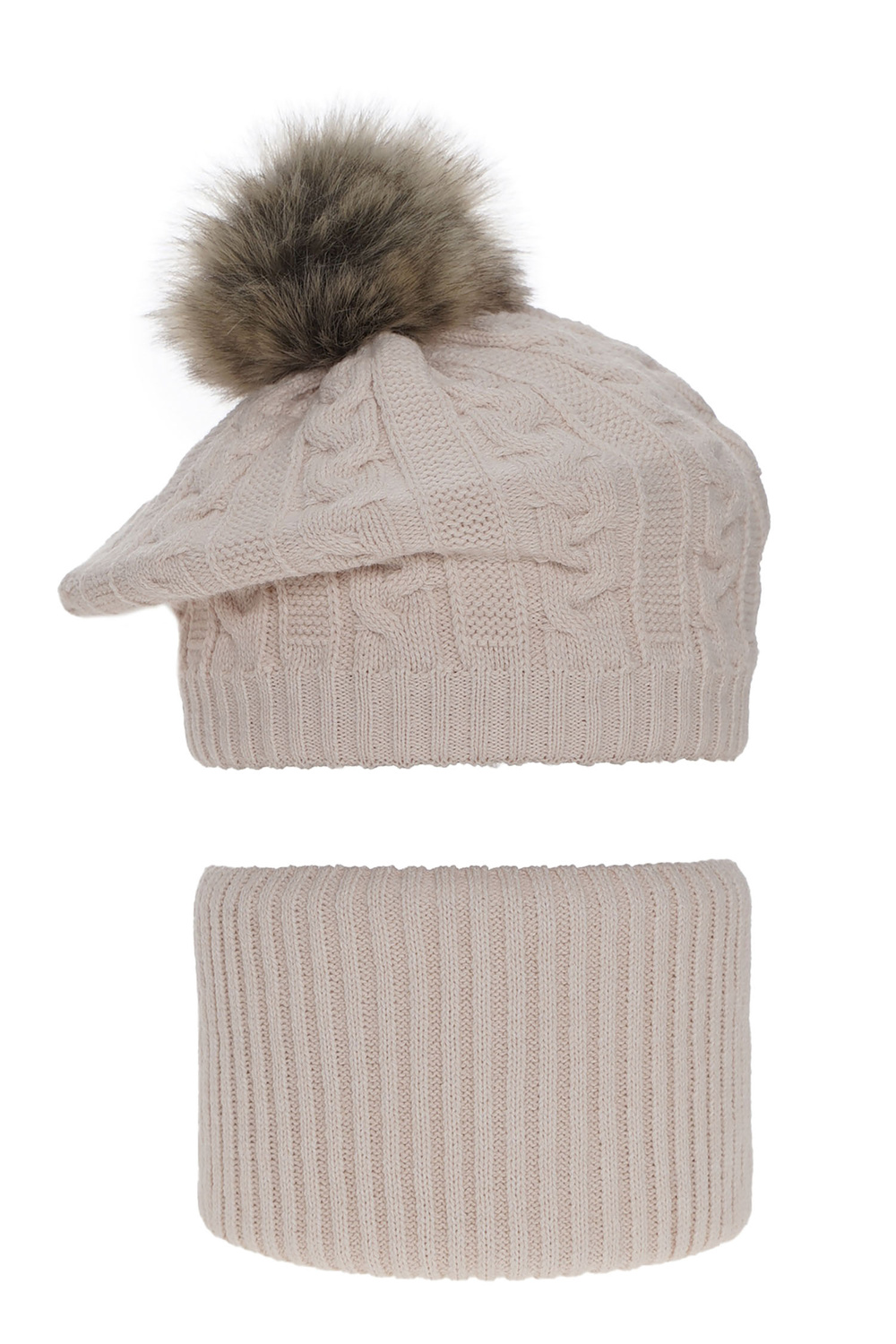 Set invernale bambina: berretto e scaldacollo, beige, con pompon, Koffi