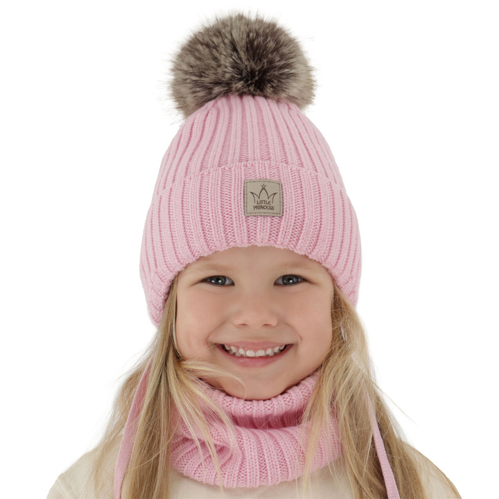 Set invernale bambina: berretto e scaldacollo, rosa, 100% Lana Merino, foderato in pile, con pompon, con lacci, Martina