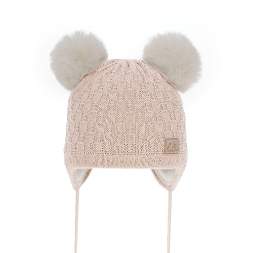 Berretto invernale bambina, beige, con pompon, Emila