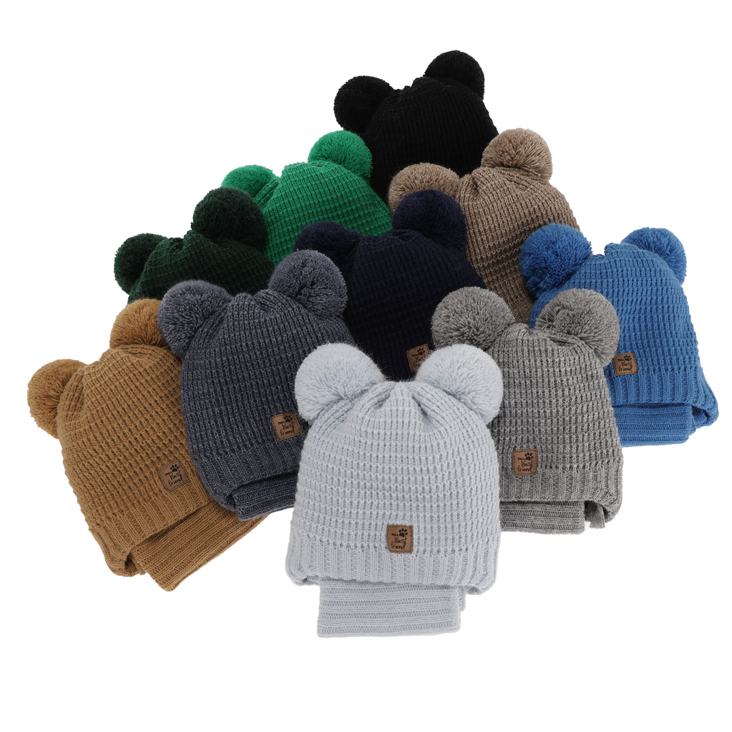 Set invernale bambino: berretto e scaldacollo, blu, con due pon pon, con lacci, Krispi