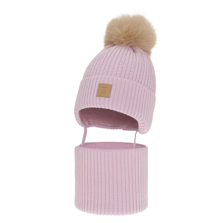 Set invernale bambina: berretto e scaldacollo, liliowy, con pompon, Betty