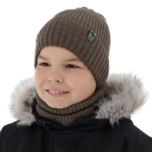 Set invernale bambino: berretto e scaldacollo, marrone, foderato in pile, 100% Lana Merino, Gecko