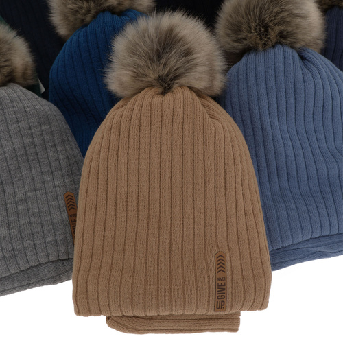 Set invernale bambino: berretto e scaldacollo, blu navy, con pompon, Kalen