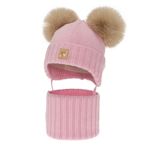 Set cappello e scaldacollo bambina, invernale, rosa, 100% lana merino, foderato pile di lana, Ronia
