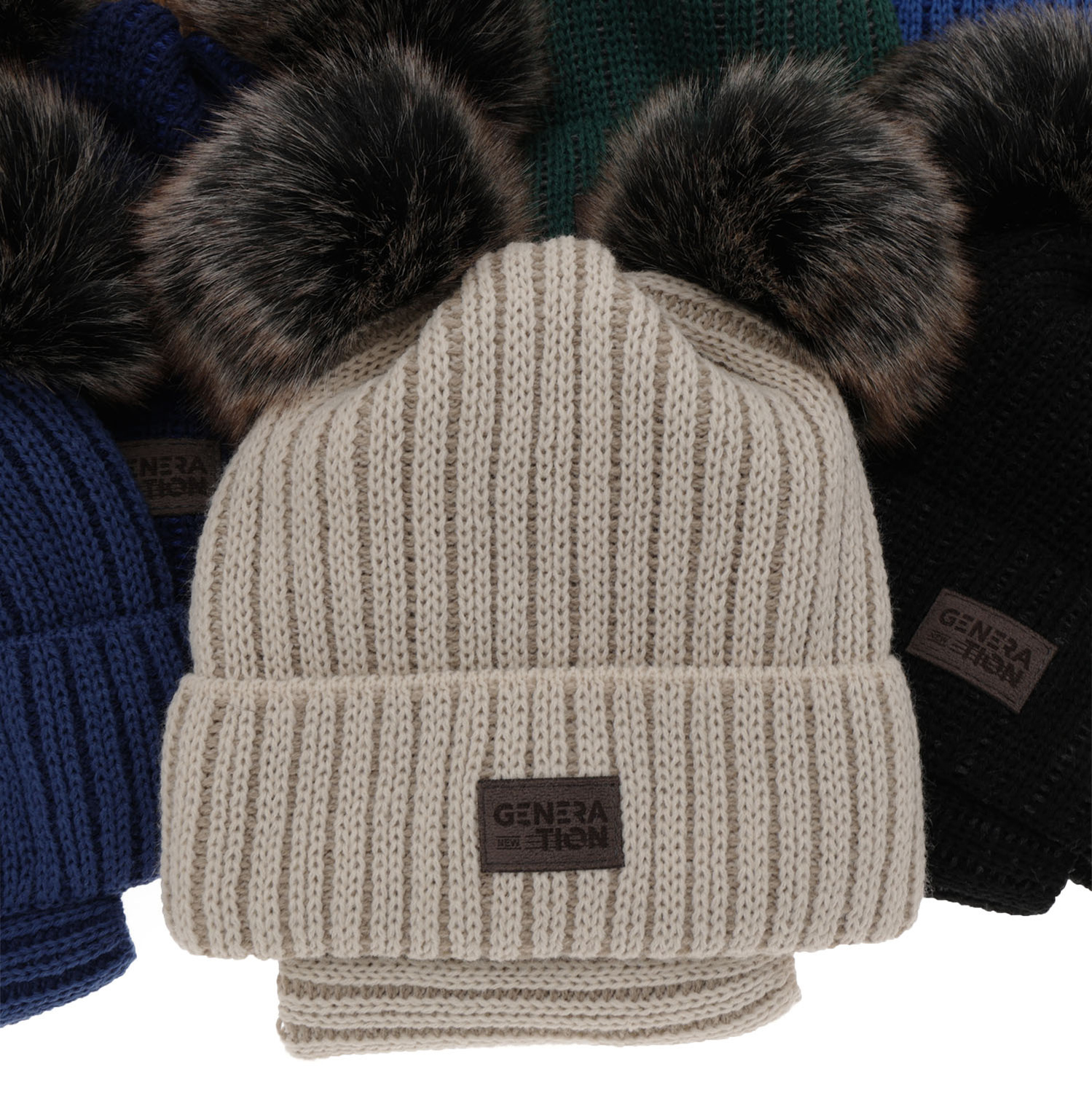 Set invernale bambino: berretto e scaldacollo, camel, con due pon pon, Tokio