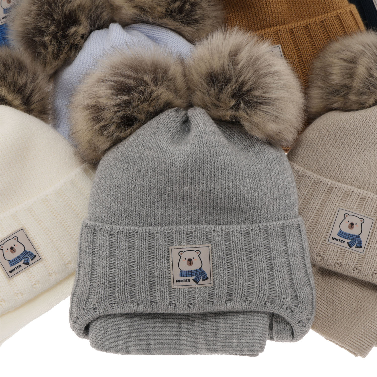 Set invernale bambino: berretto e sciarpa, crema, con due pon pon, con lacci, Jewel