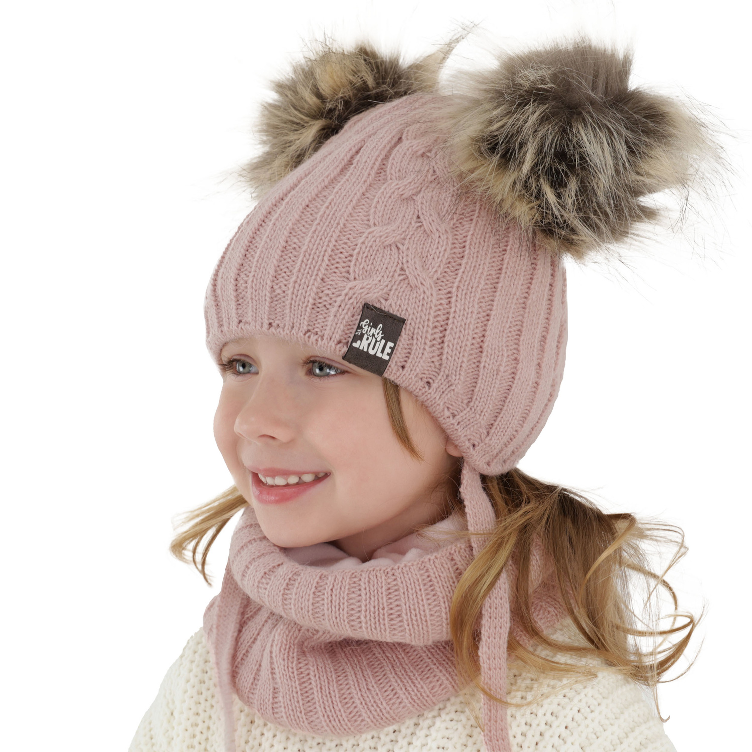 Set invernale bambina: berretto e scaldacollo, rosa, con due pon pon, con lacci, Marlen