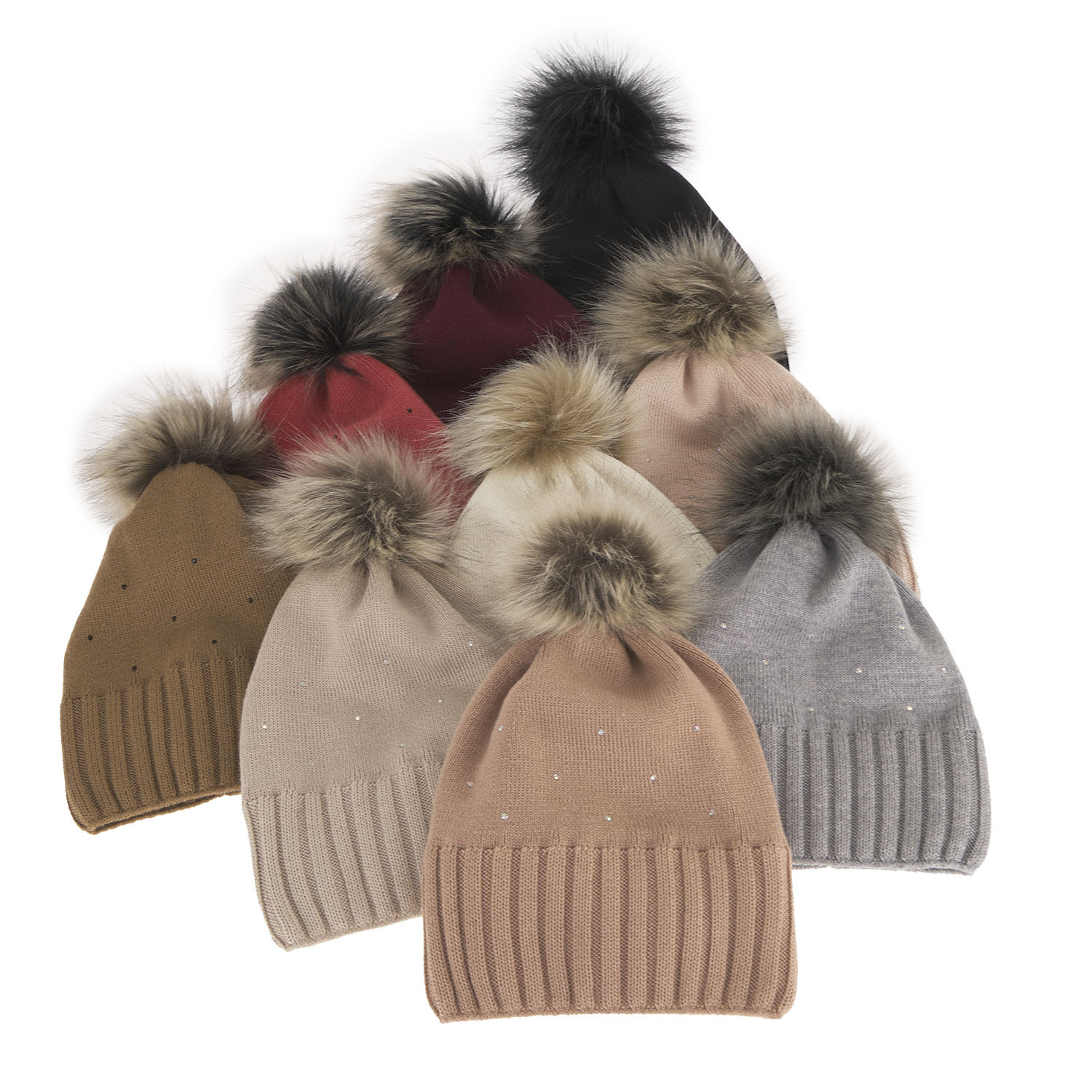 Berretto invernale donna, rosa, con pompon, 100% Lana Merino, Malga