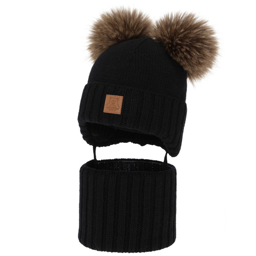 Set cappello e scaldacollo bambino, invernale, nero, 100% lana merino, foderato pile di lana, Ronik