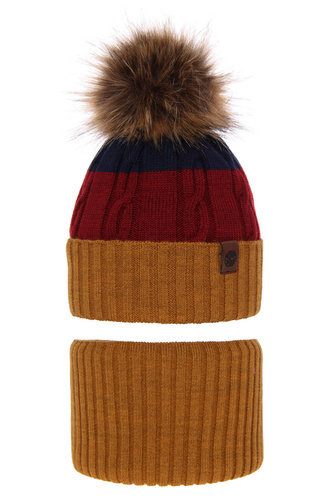 Set invernale bambino: berretto e scaldacollo, giallo senape, con pompon, Karmel