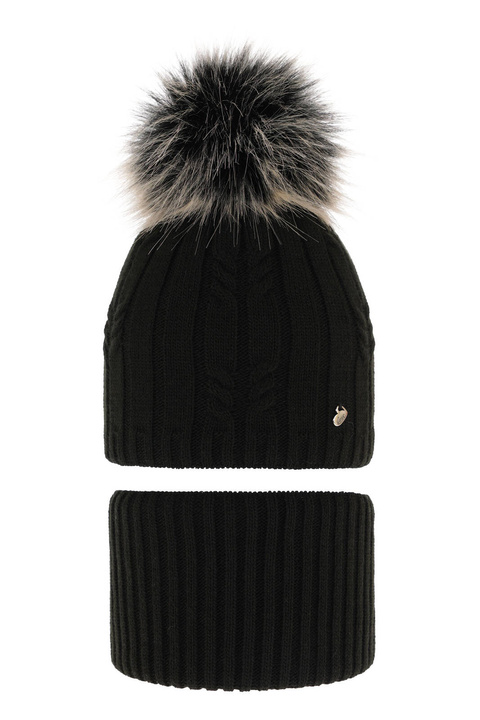 Set invernale bambina: berretto e scaldacollo, nero, con pompon, Amaltea