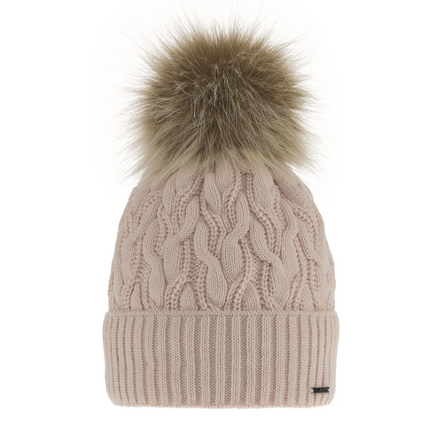 Berretto invernale donna, beige, con pompon, Deva