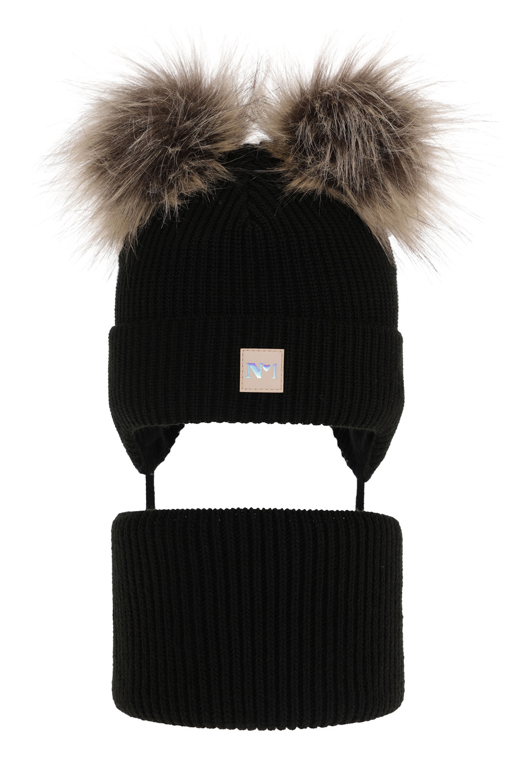 Set invernale bambina: berretto e scaldacollo, nero, con due pon pon, con lacci, Kiara