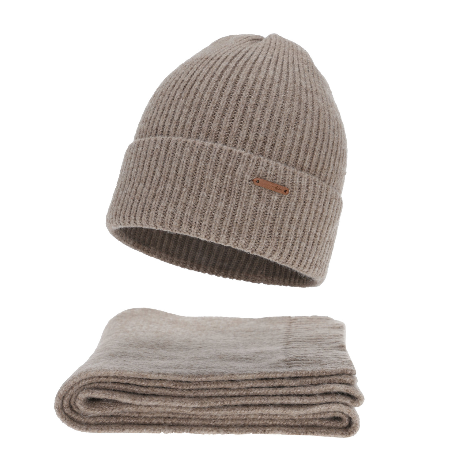 Set invernale donna: berretto e sciarpa, beige scuro, con lana merino, Seala