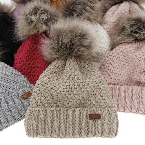 Berretto invernale bambina, crema, con pompon, Pola
