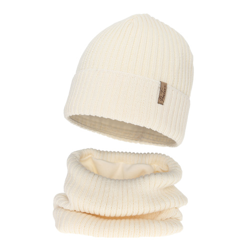 Set invernale bambina (berretto e scaldacollo) foderato in pile, crema, con lana merino, Odette