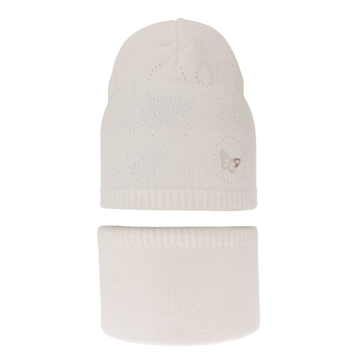 Set autunno/primavera bambina: berretto e scaldacollo, con cotone, crema, traforato, Amarilla