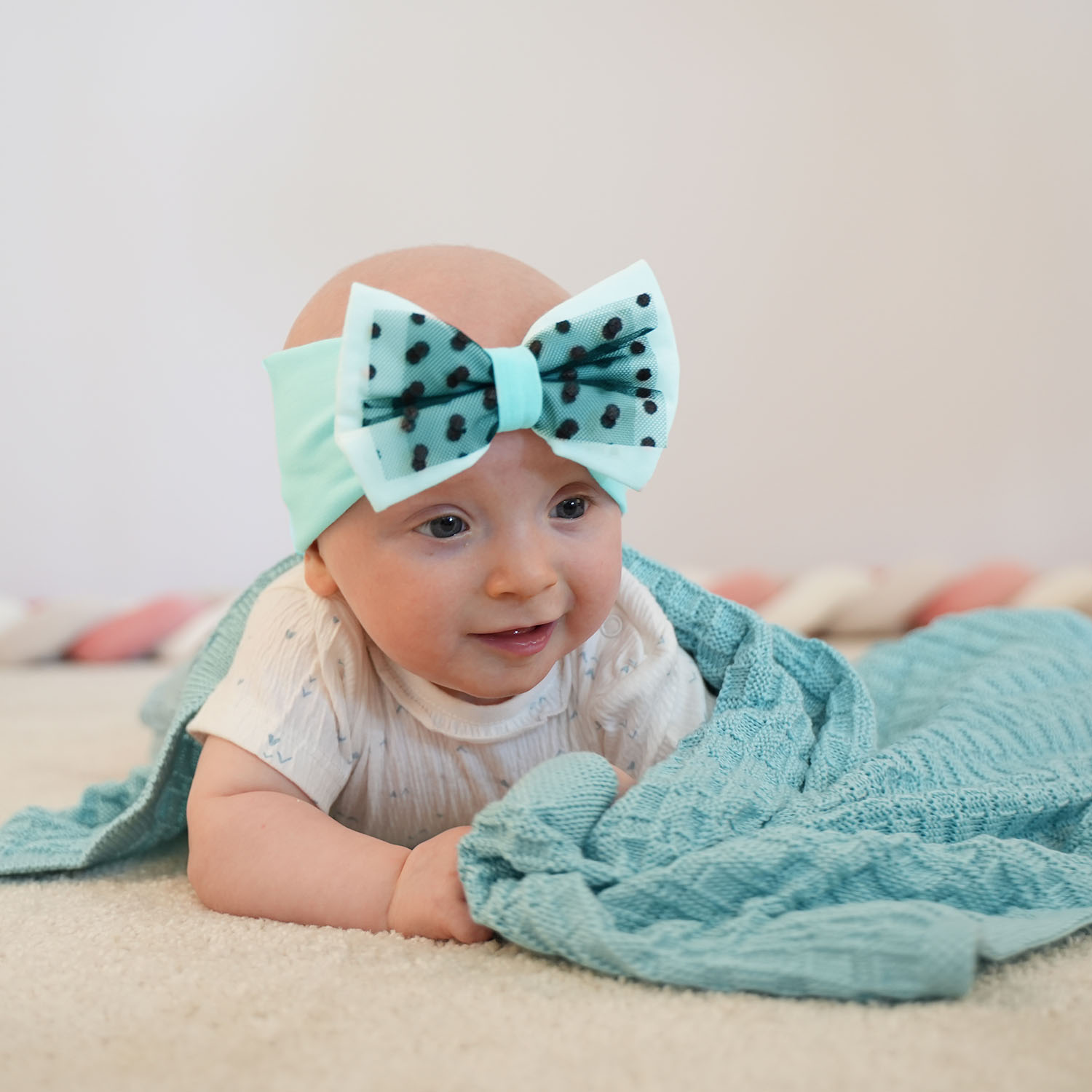 Fascia per capelli autunno/primavera bambina, verde menta, cotone, con fiocco, Celinka
