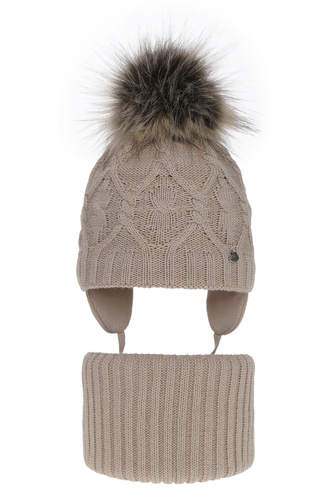 Set invernale bambina: berretto e scaldacollo, beige, con pompon, Elena