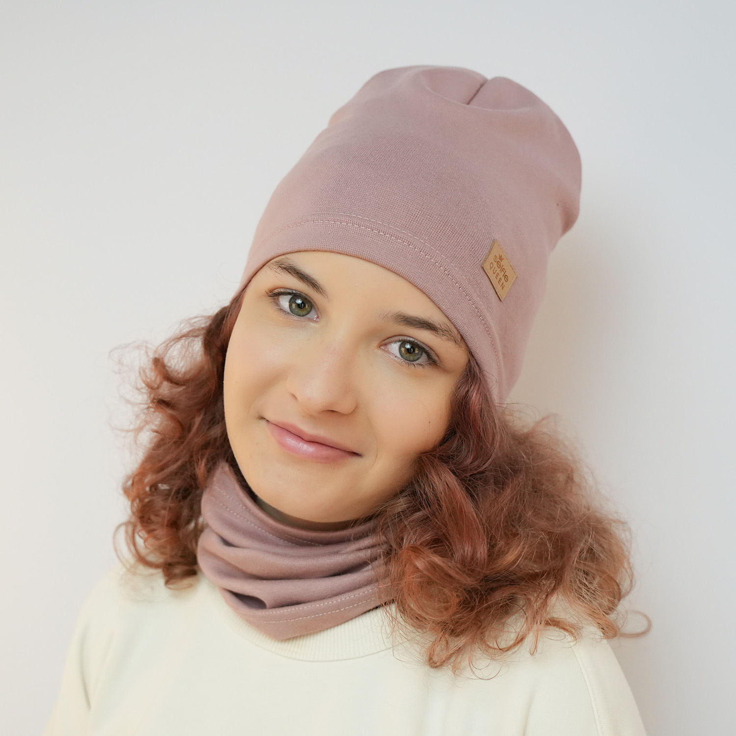 Set autunno/primavera bambina: berretto e scaldacollo, rosa, in cotone, Selfie