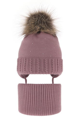 Set invernale bambina: berretto e scaldacollo, wrzosowy, con pompon, con lacci, Renia