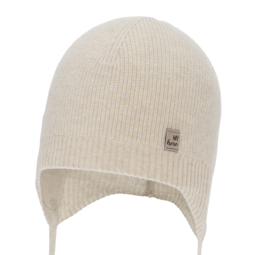 Berretto autunno/primavera bambino, beige chiaro, lana merino con cashmere, con lacci, Tono