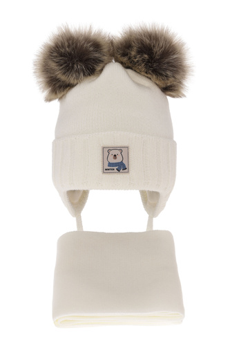Set invernale bambino: berretto e sciarpa, crema, con due pon pon, con lacci, Jewel