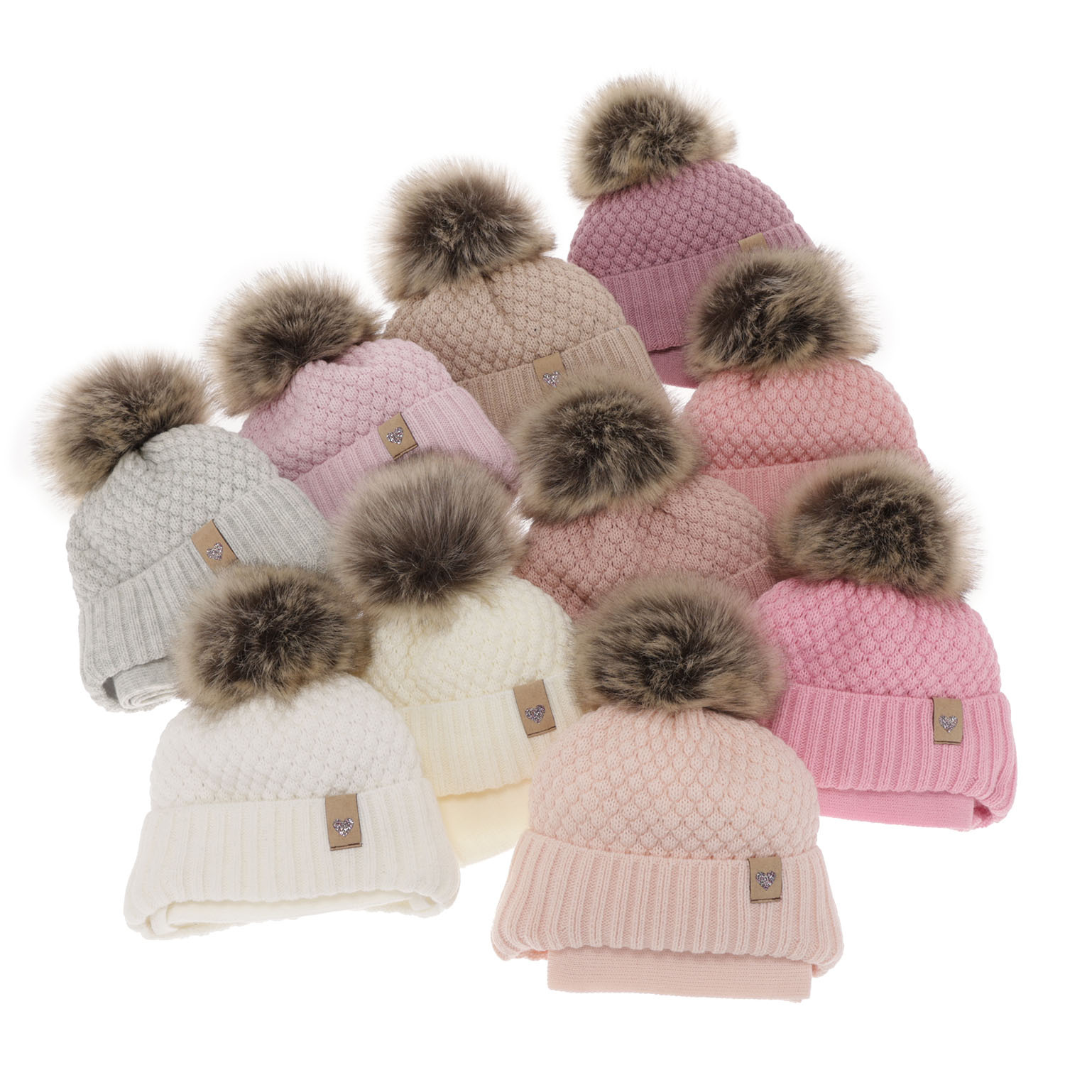 Set invernale bambina: berretto e sciarpa, rosa chiaro, con lacci, con pompon, Bianca